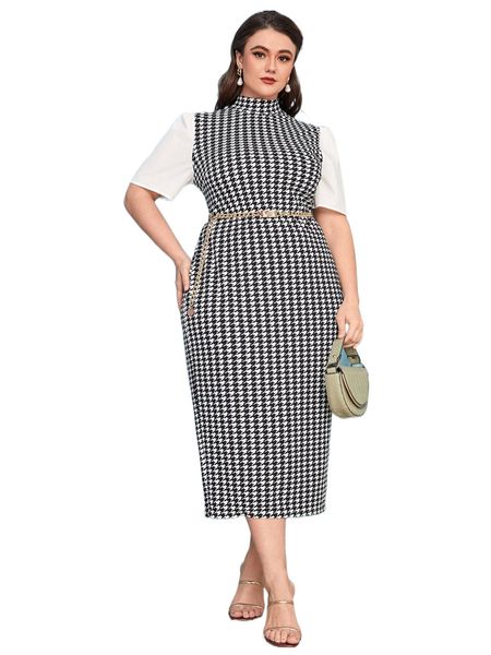 

plus mock neck houndstooth print dress without belt r8s6#, Black