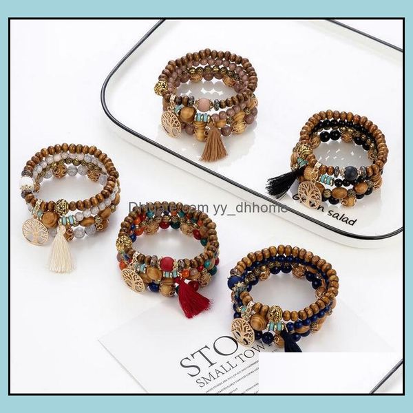 

beaded strands bracelets jewelry 18cm mtilayer wood beads tassel tree of life charm bohemian beach style bangles for women gift wrist mala, Black