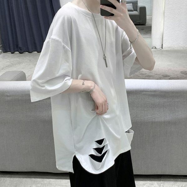 

men's t-shirts summer split fork irregular short sleeve men t shirt all-match ripped hole korean fashion hip hop oversized punk streetw, White;black