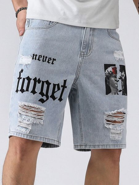 

men figure & letter graphic ripped denim shorts i4vz#, White;black