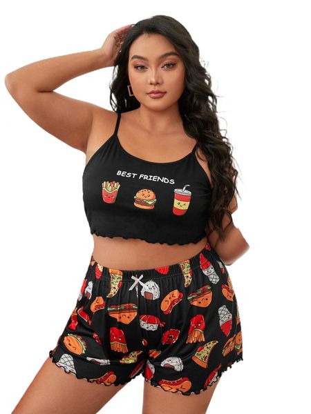 

plus slogan & cartoon graphic lettuce trim pj set w9ee#, Black;white