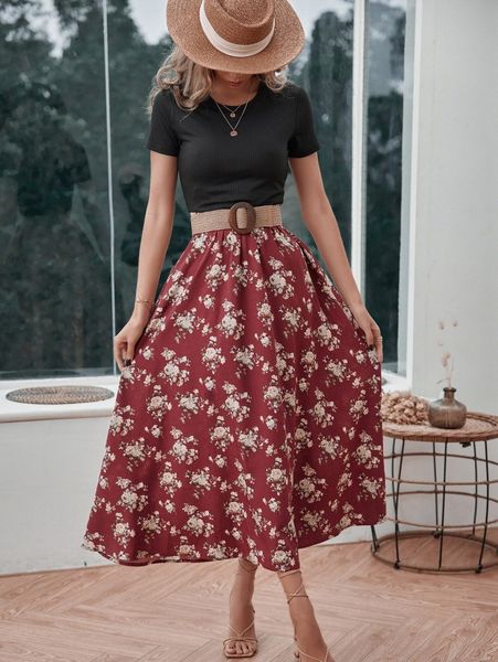 

colorblock floral print dress without belt x3sq#, Black;gray