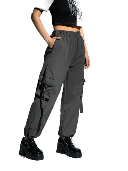 

romwe buckled flap pocket cargo pants 86fq#, Black;white