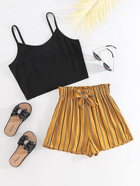 

girls cami & block striped knot waist shorts she, White