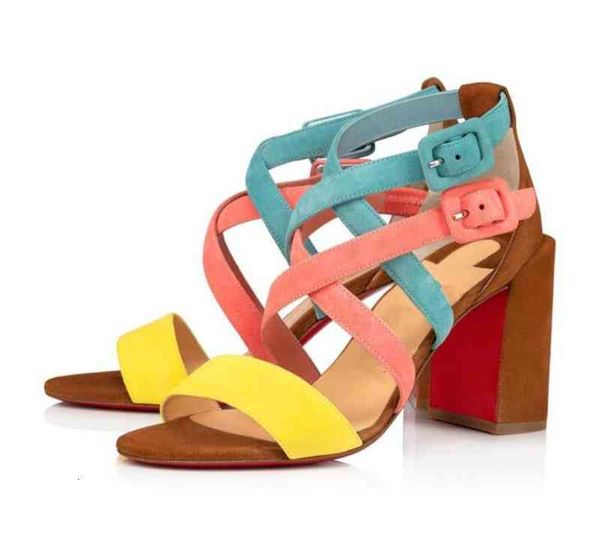 

sandals summer ladies high heel red sole luxury brand leather/micro suede belt cross to nude double buckle open toe thick heels soles qq4t, Black