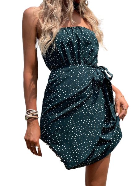

polka dot wrap knot side tube dress 83u3#, Black;gray