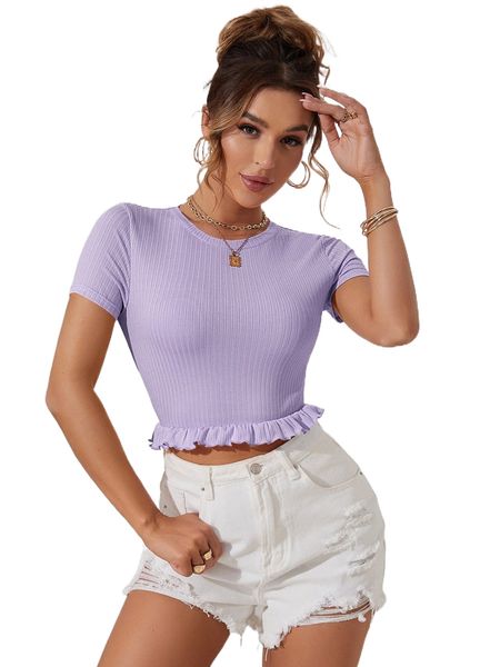 

ruffle hem ribbed knit tee k2q9#, White