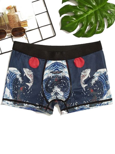 

men wave & fish print boxer brief d4he#, Black;brown