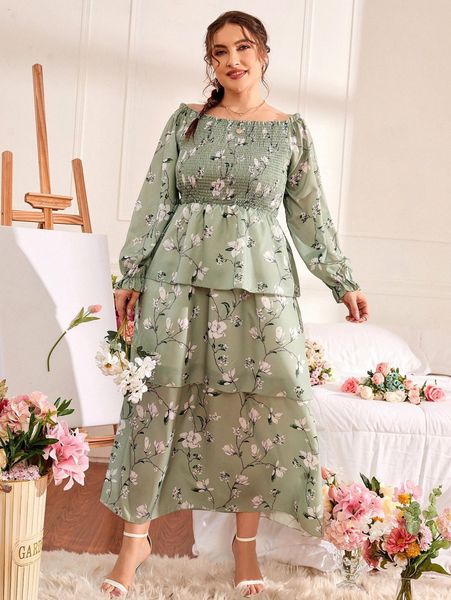 

plus allover floral print shirred tiered layer dress h4xn#, Black