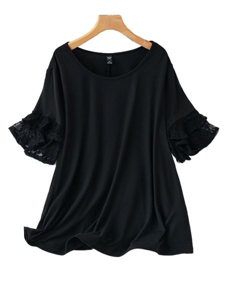 

plus contrast lace flounce sleeve tee n5d1#, Black