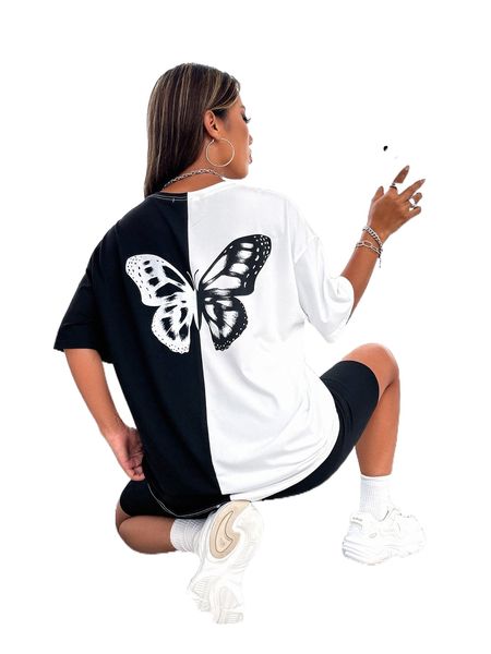 

drop shoulder butterfly print tee 81vv#, White