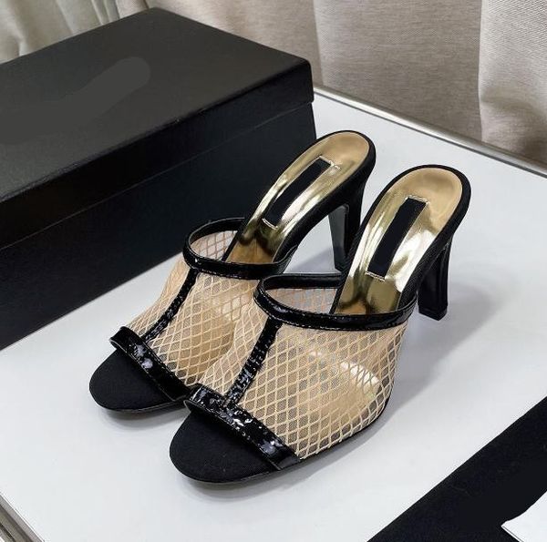 

luxury 2022 new high heels slippers and sandals women's mesh transparent hollow breathable ladies banquet vacation beach high-heeled sa, Black