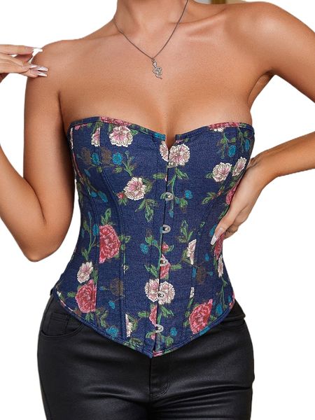 

apperloth a floral print denim lace-up back overbust corset 64ck#, Black;red