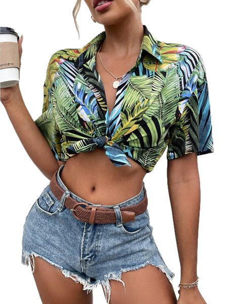 

tropical print drop shoulder blouse u8ag#, White