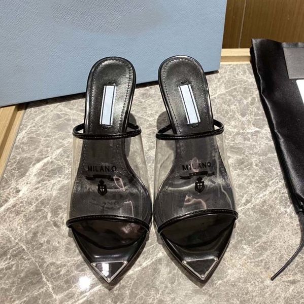 

women sandals transparent pvc high heels summer enameled triangle slipper letter print plexiglas slippers brushed leather sandal with box, Black