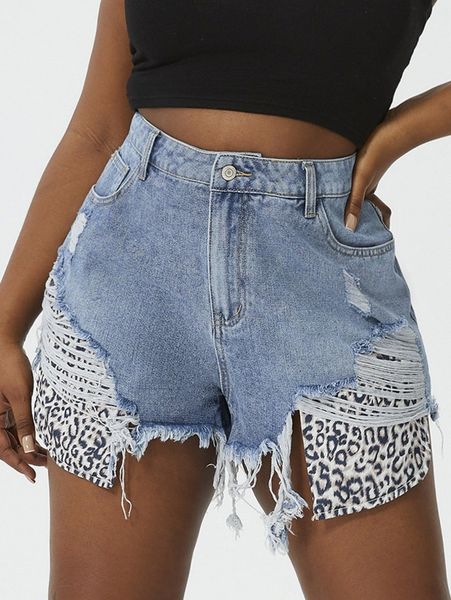 

plus contrast leopard ripped raw cut denim shorts i8al#, White;black