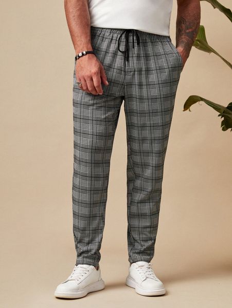 

extended sizes men glen plaid drawstring waist tapered pants k6ob#, Black