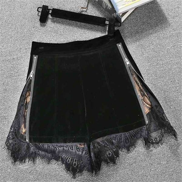 

deat autumn summer women velvet wide leg shorts black lace edge high waist slim western style a- line rc019 210331, White;black