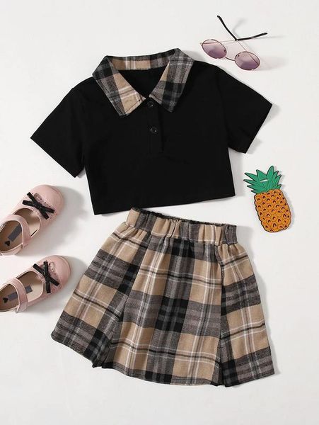 

toddler girls contrast collar polo tee & plaid skirt she, White