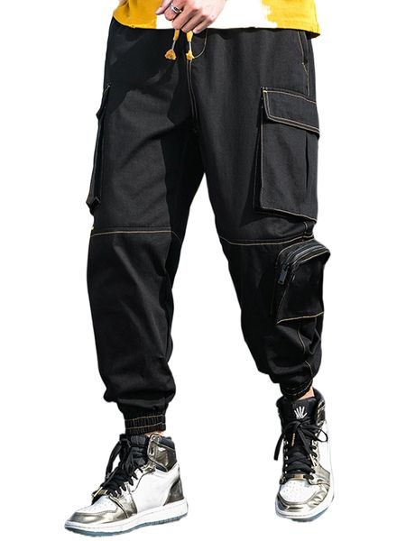 

men stitching flap pocket side drawstring waist cargo pants d5no#, Black