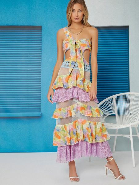 

x ji yeon lee knot front mesh insert layered hem dress 297w#, Black;gray