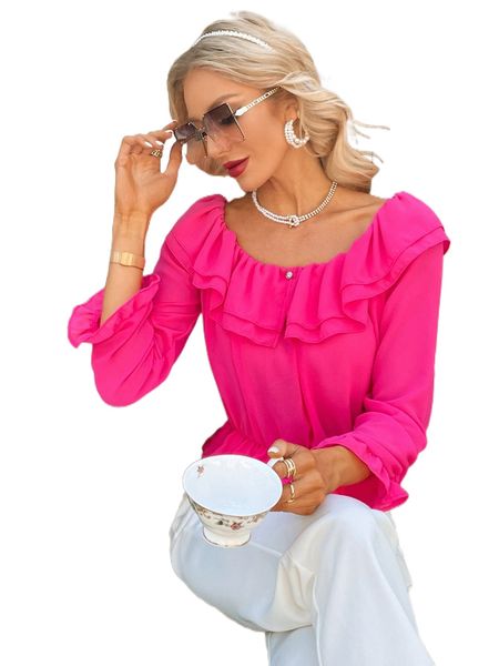 

layered ruffle trim flounce sleeve blouse s8dj#, White