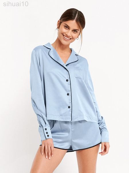 

hiloc blue pocket satin pyjamas women nightwear long sleeve set woman 2-piece single-breasted loungewear women shorts sets l220803, Black;red