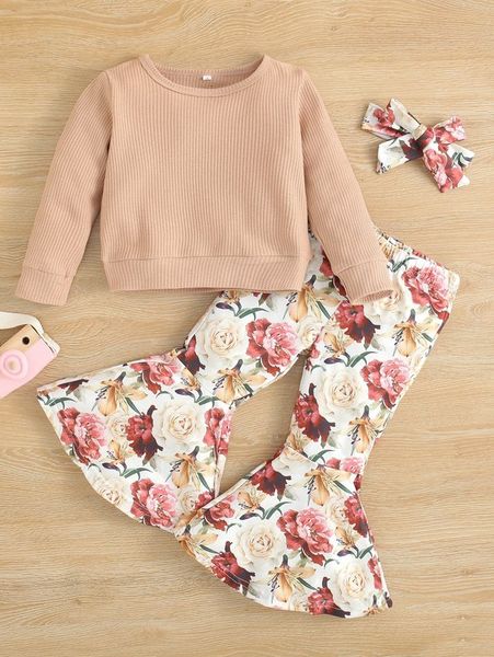 

toddler girls solid sweatshirt & floral print flare leg pants & headband she, White