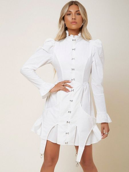 

x oxana grommet eyelet asymmetrical hem gigot sleeve dress x12y#, Black;gray