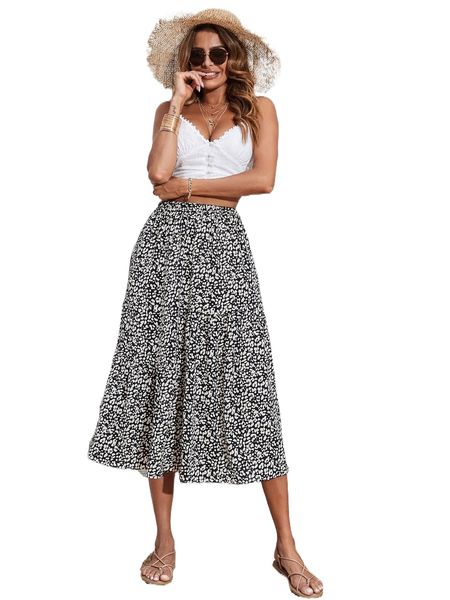 

allover print ruffle hem skirt 24wh#, Black