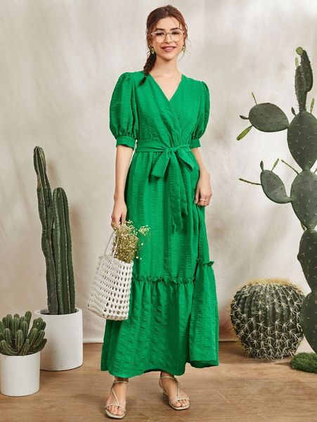 

tie front ruffle hem dress 518m#, Black;gray