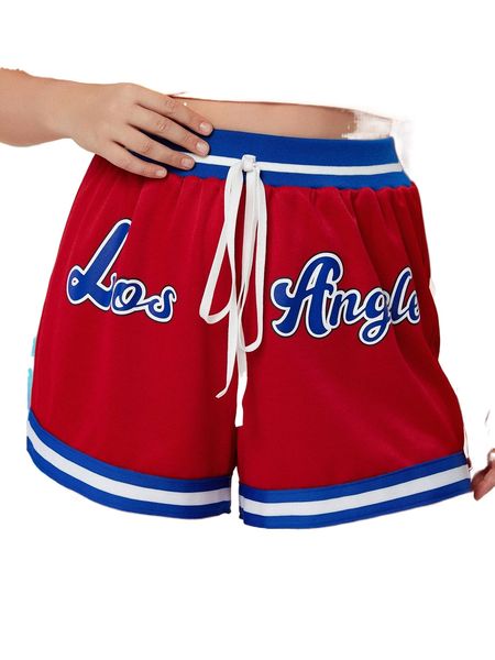 

plus letter graphic tie waist contrast trim shorts x8h4#, Black