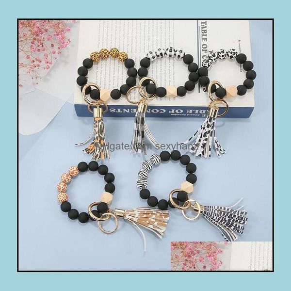 

keychains fashion accessories black frosted wooden beads bracelet keychain key chain pattern tassel pendant bracelets ring keyring wrist str, Silver
