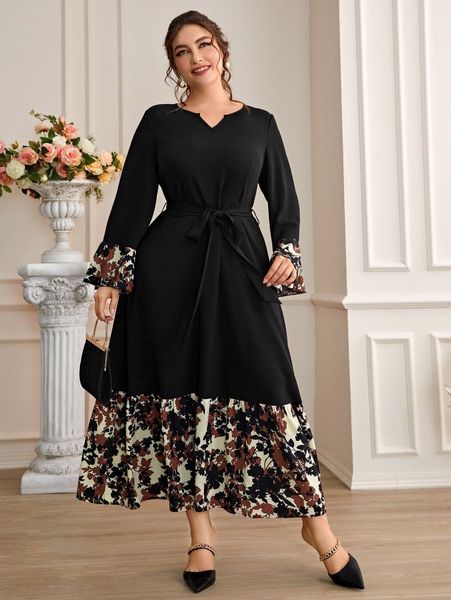 

plus floral belted a-line dress z92i#, Black