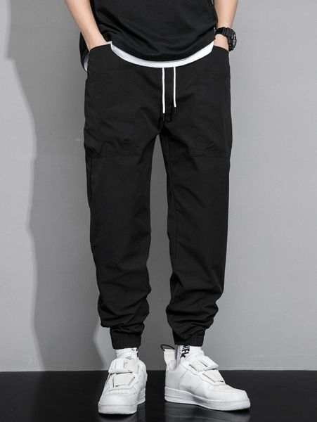 

men drawstring waist slant pocket pants r76s#, Black