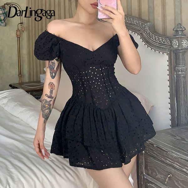 

darlingaga fashion elegant corset ruffles black dress female double layer vintage party dress birthday hollow stitching new, Black;gray