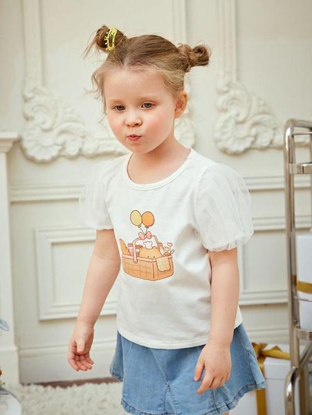 

x cherriescharm toddler girls cartoon graphic mesh puff sleeve she, Blue
