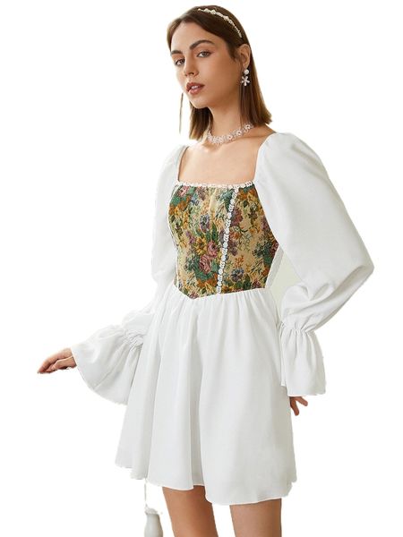 

floral flounce sleeve shirred dress b06a#, Black;gray