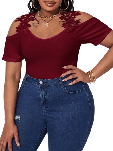 

sxy plus guipure lace panel cold shoulder tee b0l7#, Black