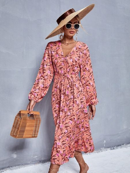 

tropical print bishop sleeve ruffle hem belted dress z8ty#, Black;gray