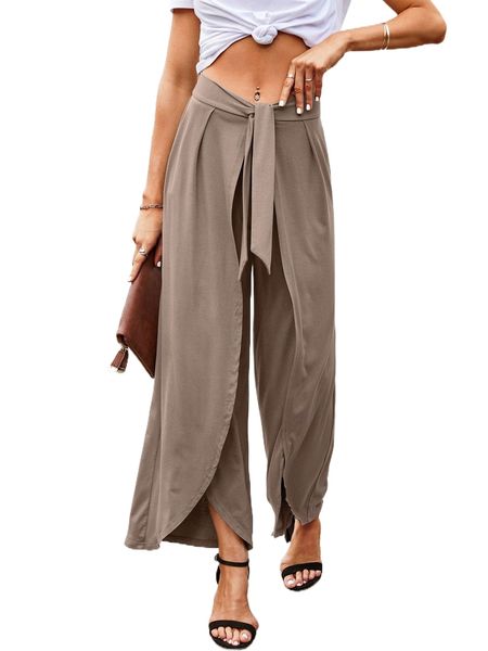 

tie front wrap hem wide leg pants 42ii#, Black;white