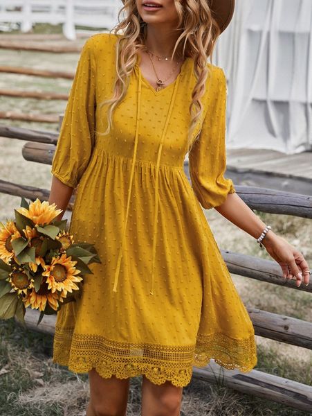 

swiss dot tie neck guipure lace hem dress 47h0#, Black;gray