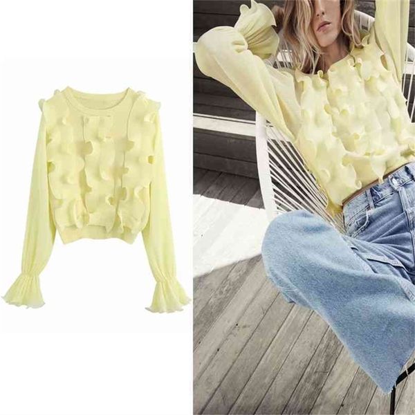 

women ruffle knit o-neck long puff sleeve fashion knitted blouse female high street elegant shirts 210524, White