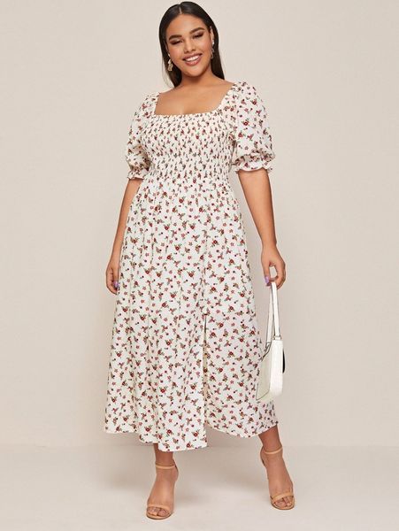 

plus puff sleeve shirred slit hem ditsy floral milkmaid dress m6am#, Black