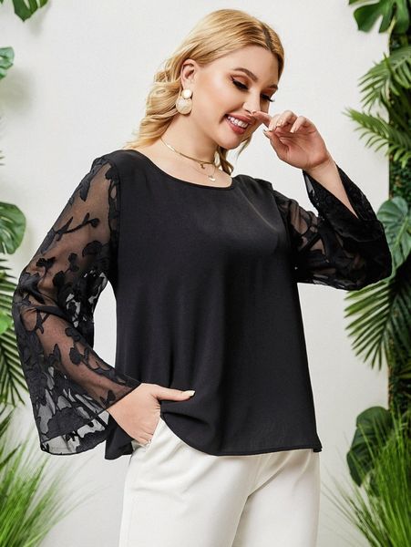 

plus contrast floral mesh trumpet sleeve blouse t6bf#, Black