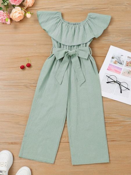 

toddler girls ruffle trim belted jumpsuit she, Blue