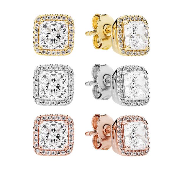 Clear Square Sparkle Halo Stud Küpeler 925 STERLING Gümüş 18K Gül Altın Kadınlar Erkek Hediye Pandora Küpe Seti için Orijinal Kutu