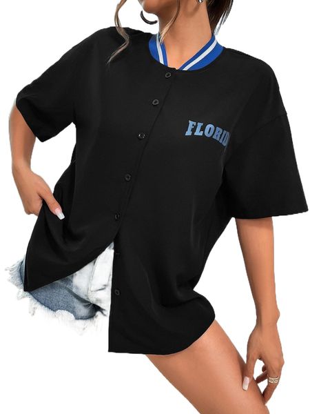 

letter graphic baseball collar drop shoulder shirt p6k8#, White