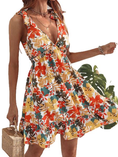 

floral print tie shoulder ruffle hem dress f2or#, Black;gray