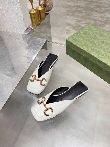 

genuine leather vintage horse buckle women sandals summer square toe flat shoes fashion wear slippers, Black